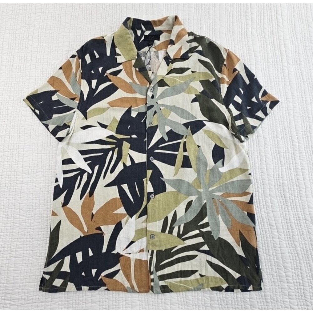 NEW Magaschoni‎ Linen Blend Button Up Men's M Short Sleeve Hawaiian Floral Shirt